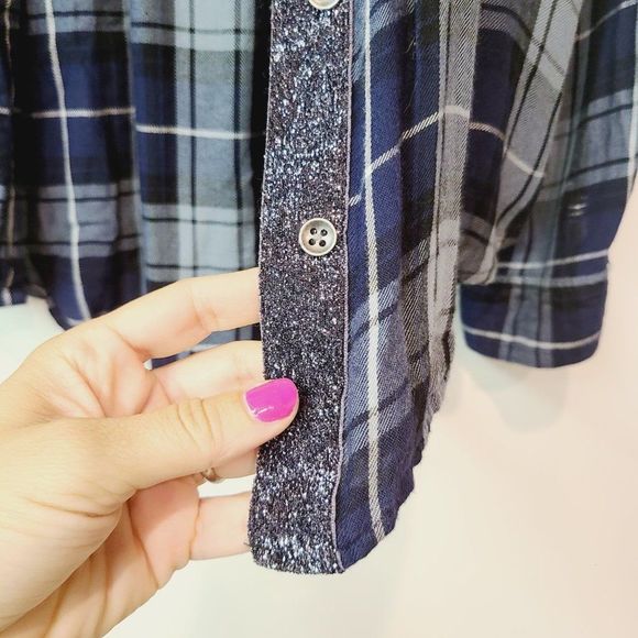 Rock & Republic Shirt Blue Plaid Flannel Metallic Trim Button Up Long Sleeve XS - Picture 3 of 7